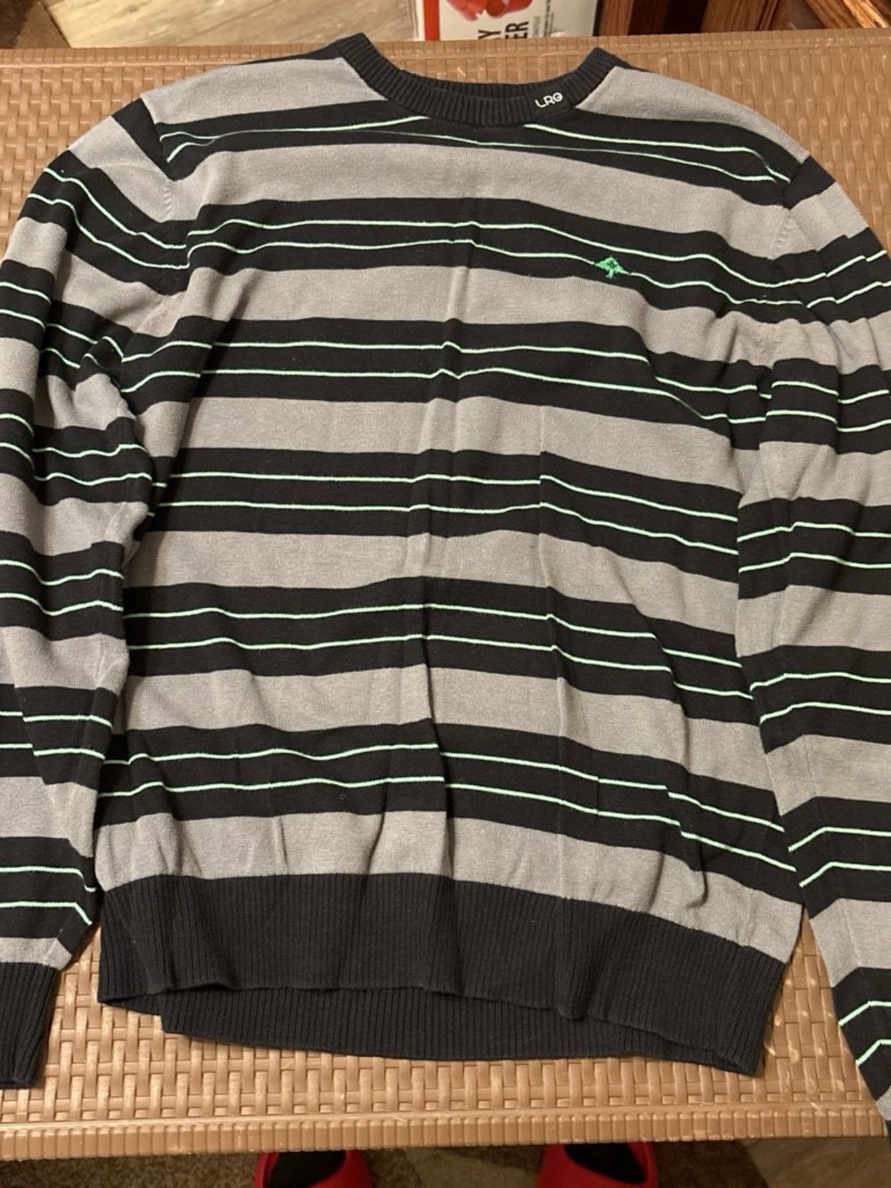 LRG Men’s Striped Black & Gray Crewneck Sweater with Green Accents